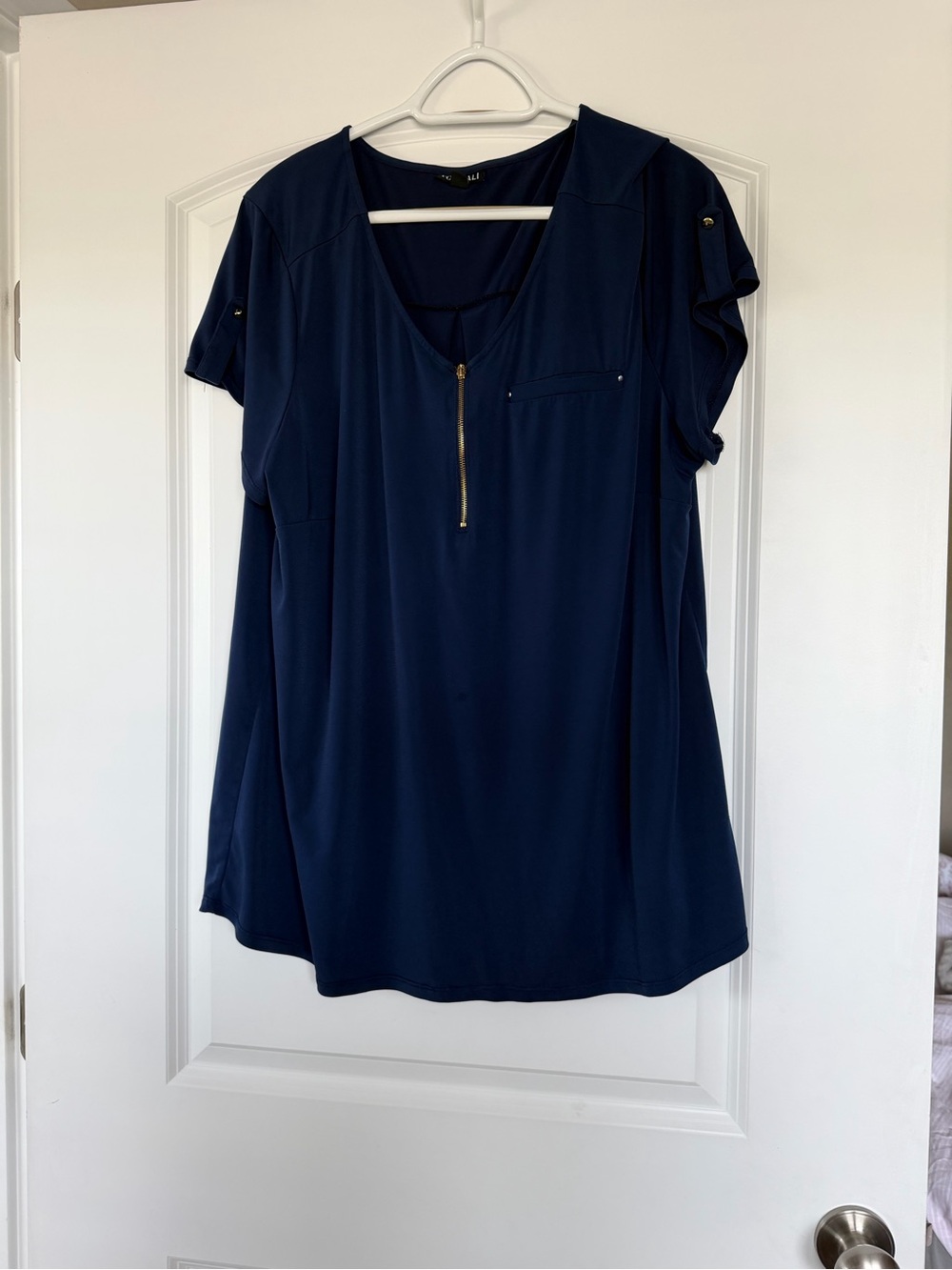 Roz & Ali Navy Short Sleeve Top with Gold Zip